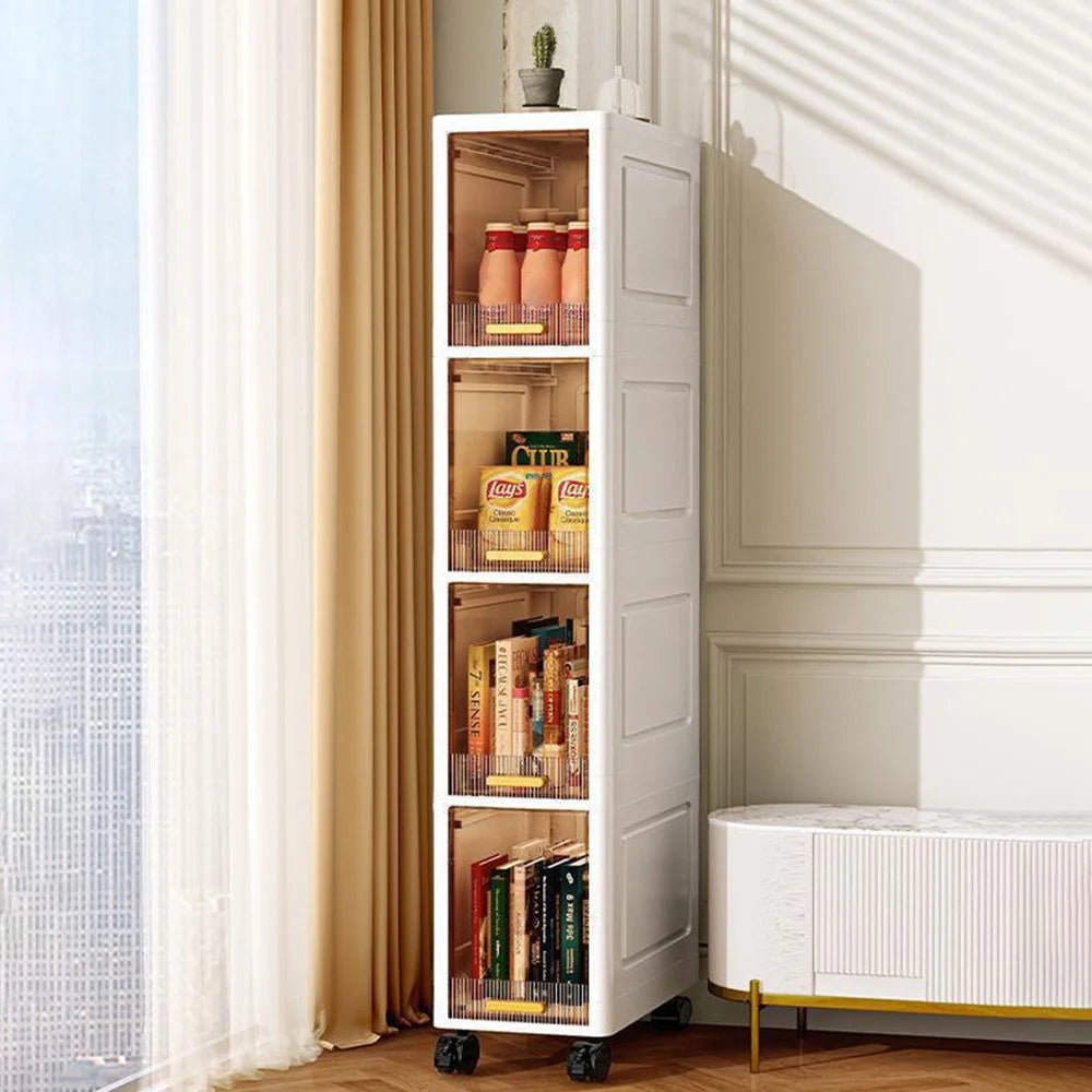 Foldable 4 Tier PP Storage Cabinet Transparent Door Kitchen Living Room Narrow Space Organizer with Wheels - 3