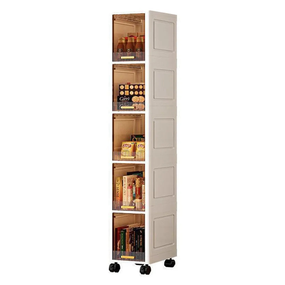 Foldable 5 Tier PP Storage Cabinet Transparent Door Kitchen Living Room Narrow Space Organizer with Wheels - 1