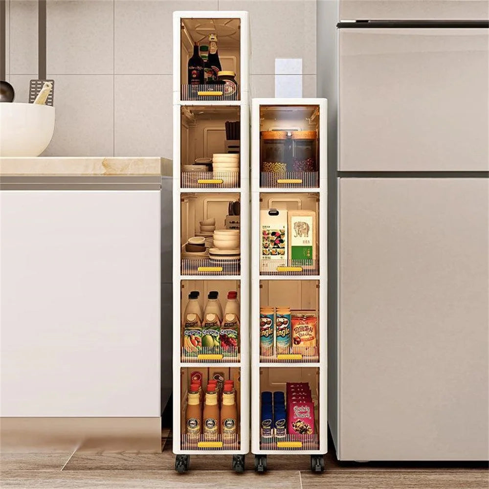 Foldable 5 Tier PP Storage Cabinet Transparent Door Kitchen Living Room Narrow Space Organizer with Wheels - 4