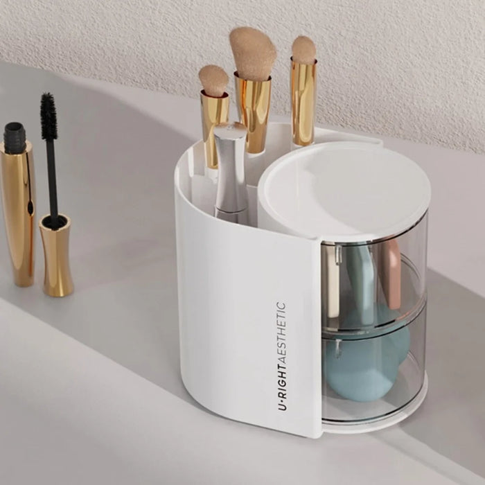 Rotating Makeup Organizer 2 Tier For Puff Sponge Lipstick Brush Storage Box with Dustproof Cover - White - 2