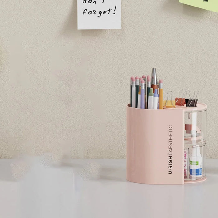 Rotating Makeup Organizer 2 Tier For Puff Sponge Lipstick Brush Storage Box with Dustproof Cover - White - 3