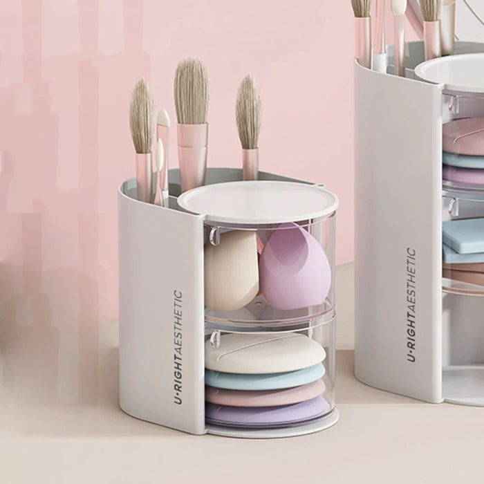 Rotating Makeup Organizer 2 Tier For Puff Sponge Lipstick Brush Storage Box with Dustproof Cover - White - 4