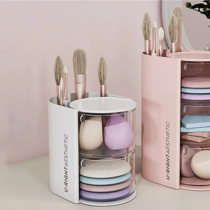 Rotating Makeup Organizer 2 Tier For Puff Sponge Lipstick Brush Storage Box with Dustproof Cover - White - 5