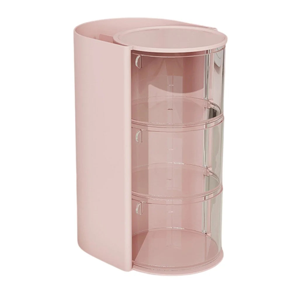 3 Tier Rotating Makeup Organizer For Powder Puffs Lipsticks Brushes Transparent Dustproof Storage Box - Pink - 1