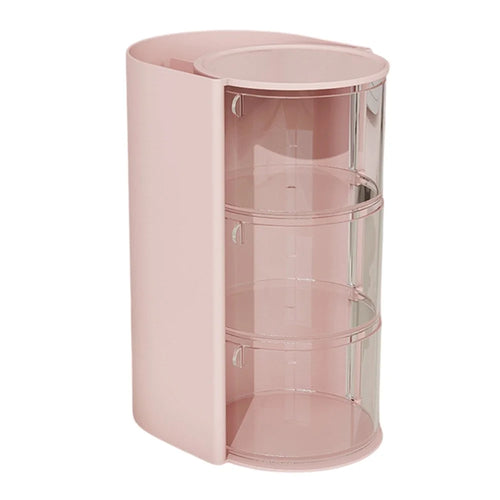 3 Tier Rotating Makeup Organizer For Powder Puffs Lipsticks Brushes Transparent Dustproof Storage Box - Pink - 1