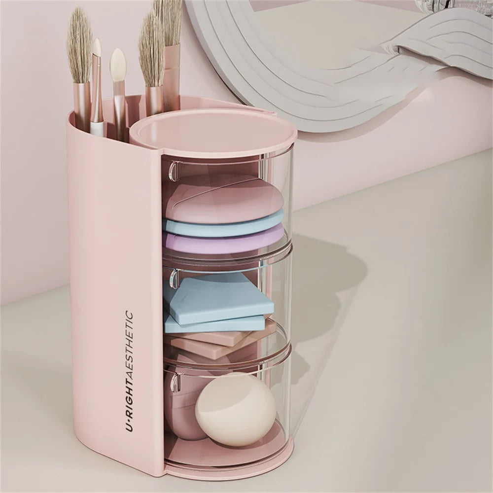 3 Tier Rotating Makeup Organizer For Powder Puffs Lipsticks Brushes Transparent Dustproof Storage Box - Pink - 2