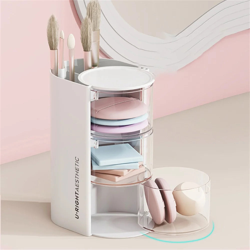 3 Tier Rotating Makeup Organizer For Powder Puffs Lipsticks Brushes Transparent Dustproof Storage Box - Pink - 5