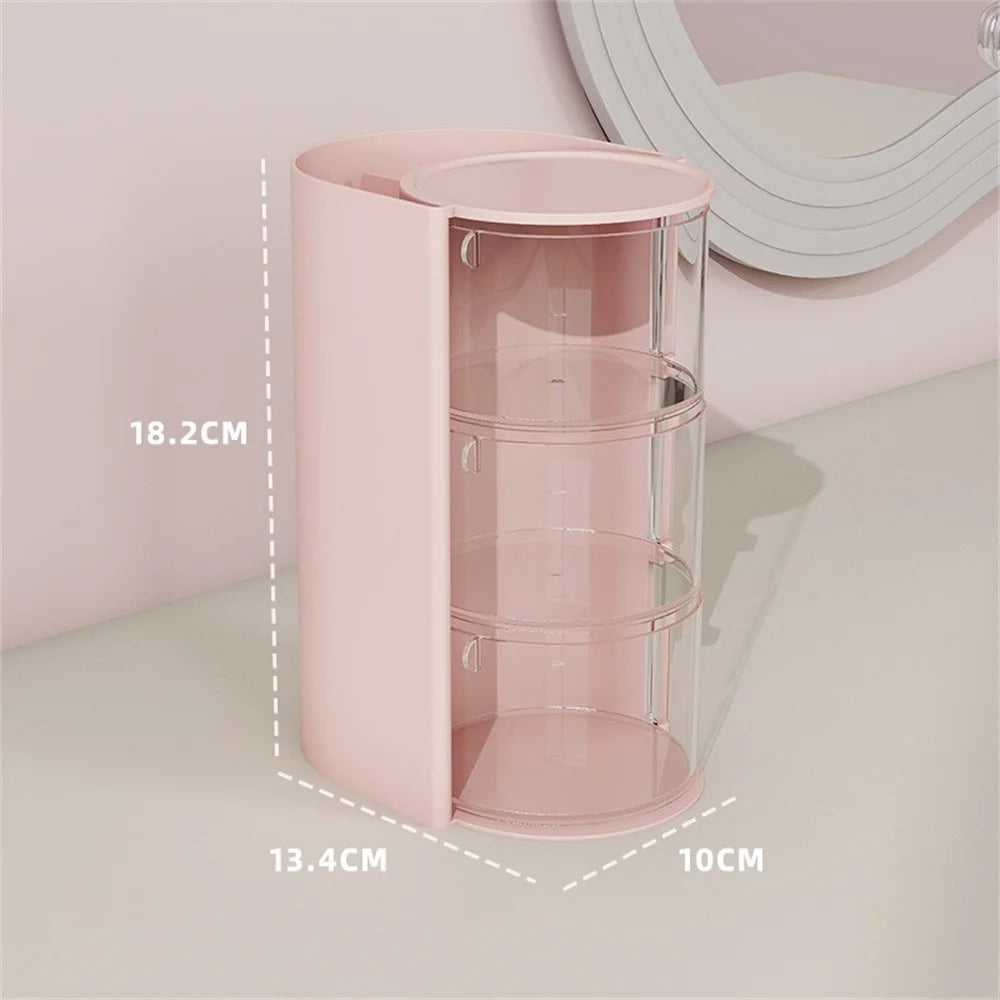 3 Tier Rotating Makeup Organizer For Powder Puffs Lipsticks Brushes Transparent Dustproof Storage Box - Pink - 6