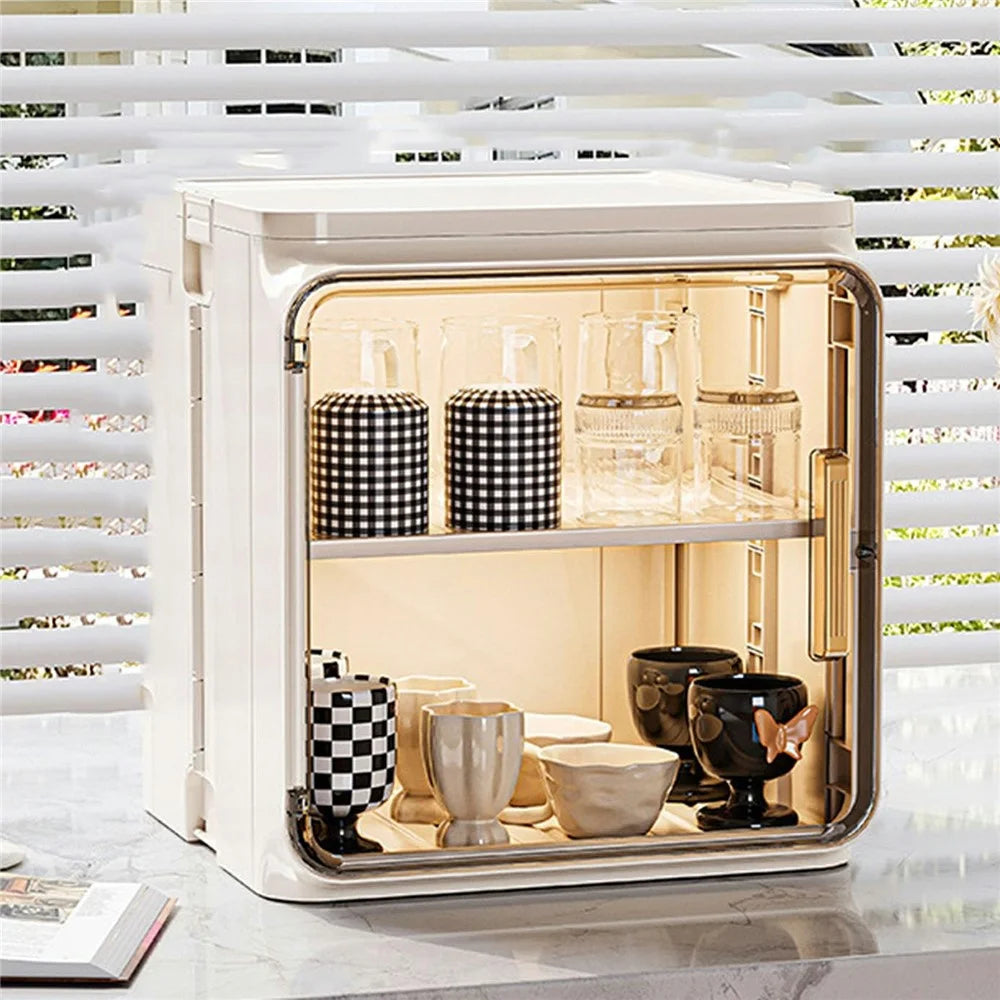 2-Tier Dust-Proof Cup Storage Cabinet Tea Coffee Drinkware Countertop Mug Organizer - Beige - 1
