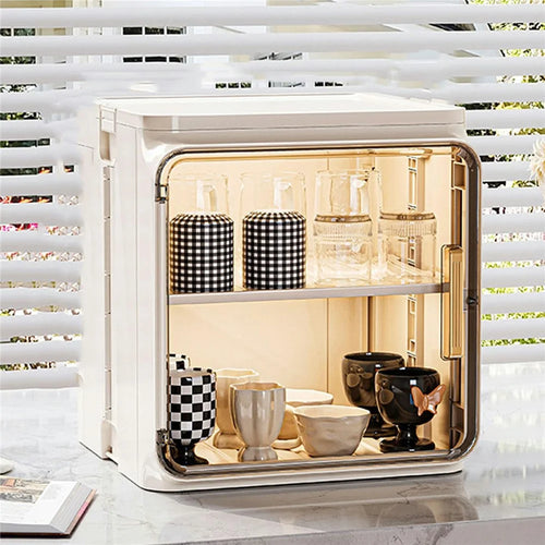 2-Tier Dust-Proof Cup Storage Cabinet Tea Coffee Drinkware Countertop Mug Organizer - Beige - 1