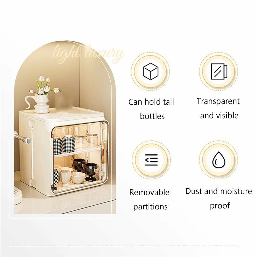 2-Tier Dust-Proof Cup Storage Cabinet Tea Coffee Drinkware Countertop Mug Organizer - Beige - 2