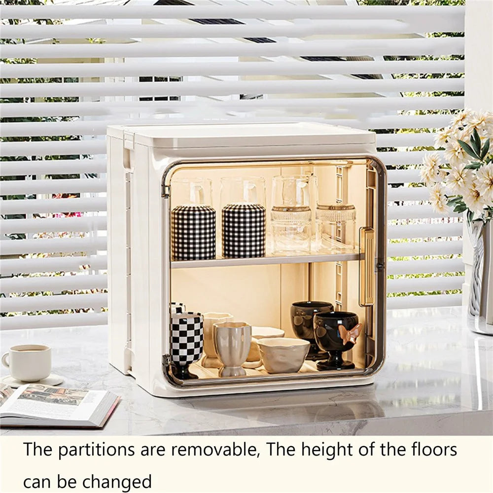 2-Tier Dust-Proof Cup Storage Cabinet Tea Coffee Drinkware Countertop Mug Organizer - Beige - 3