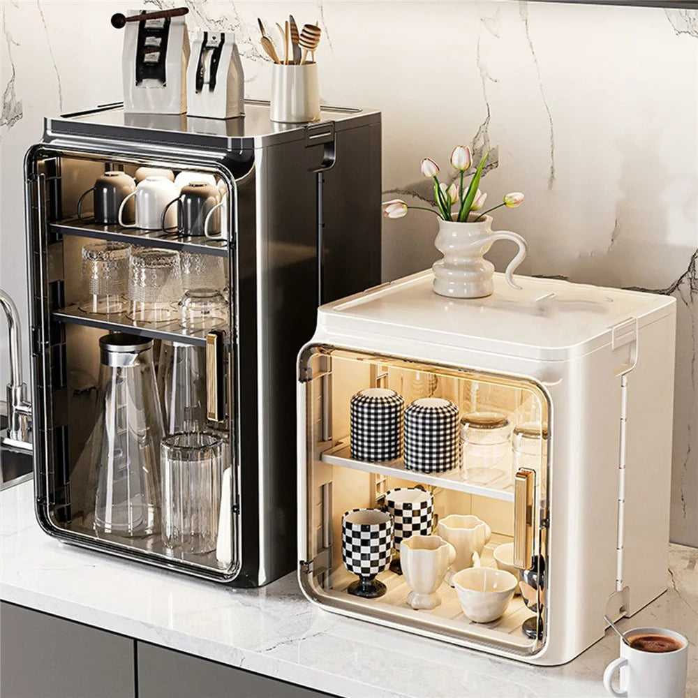 2-Tier Dust-Proof Cup Storage Cabinet Tea Coffee Drinkware Countertop Mug Organizer - Beige - 6