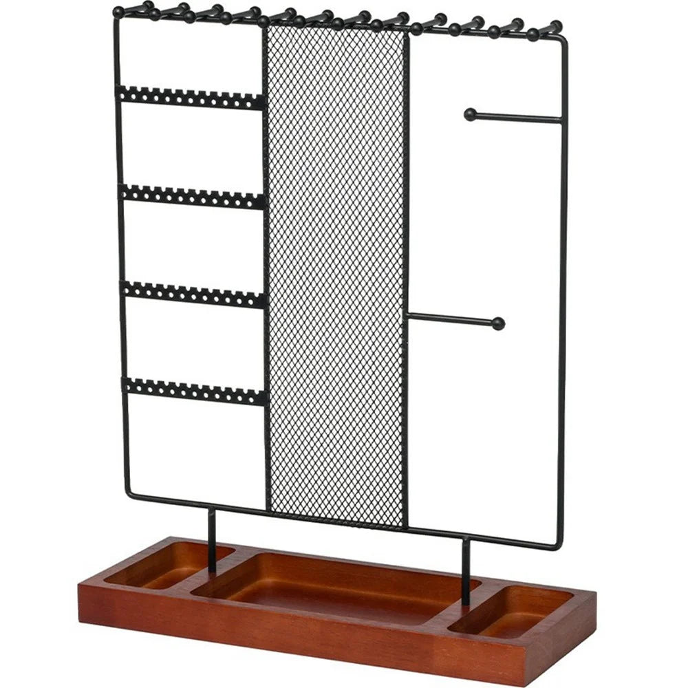 Multi-Tier Jewelry Stand Organizer Earring Bracelet Iron Display Rack with Wooden Base - 1
