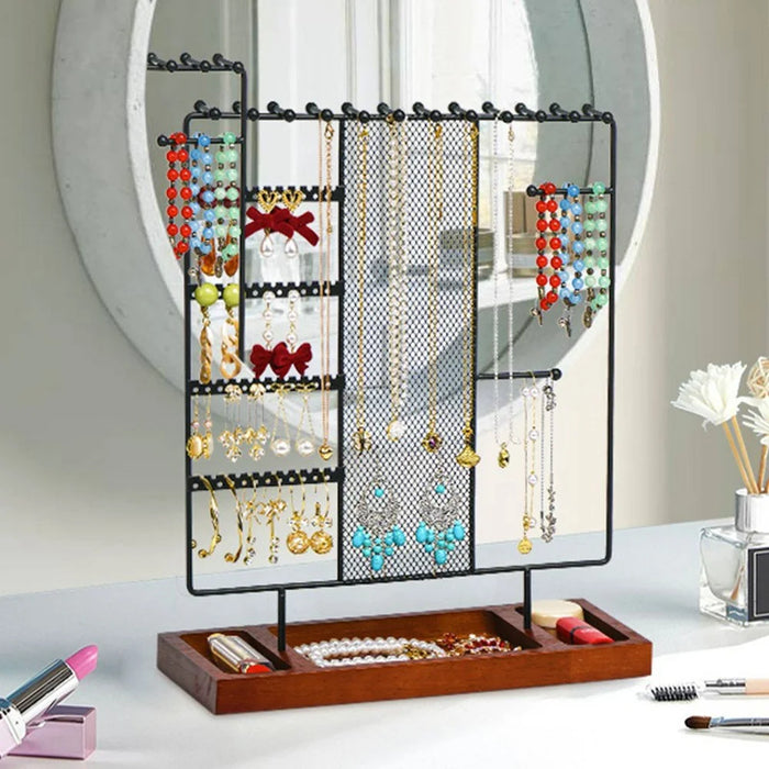 Multi-Tier Jewelry Stand Organizer Earring Bracelet Iron Display Rack with Wooden Base - 2
