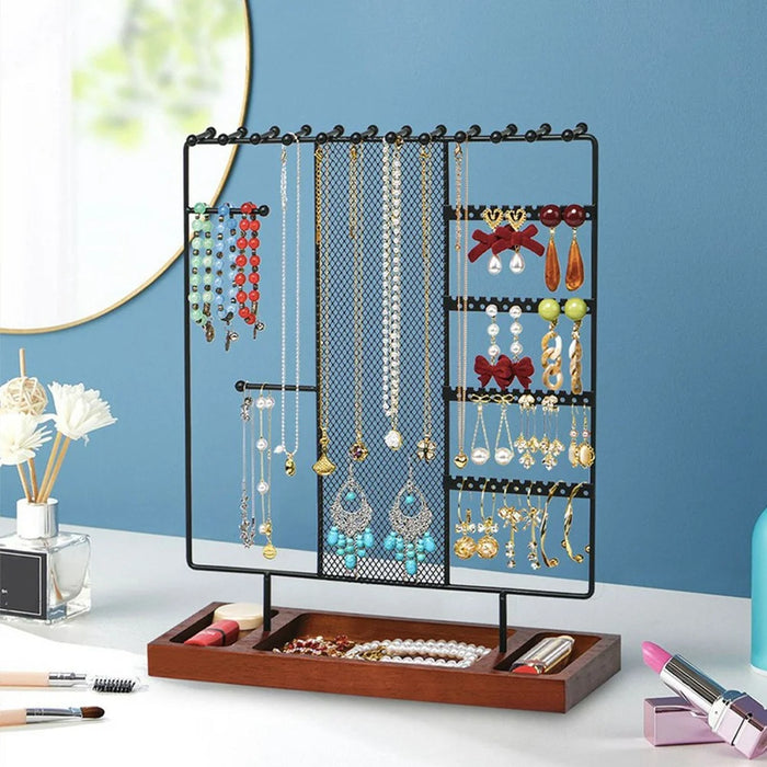 Multi-Tier Jewelry Stand Organizer Earring Bracelet Iron Display Rack with Wooden Base - 3