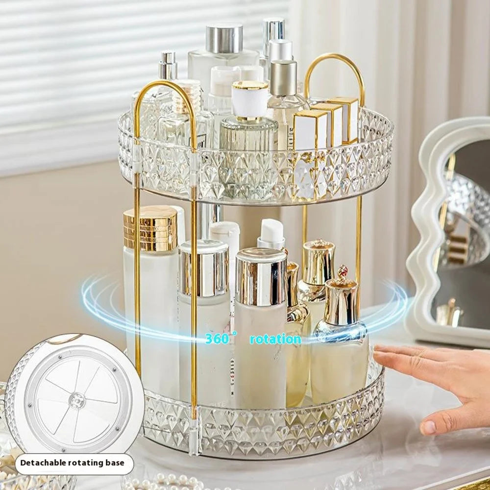 Rotating 2-Tier Vanity Makeup Organizer Cosmetics Skincare Perfume Lipstick Storage Rack - 3