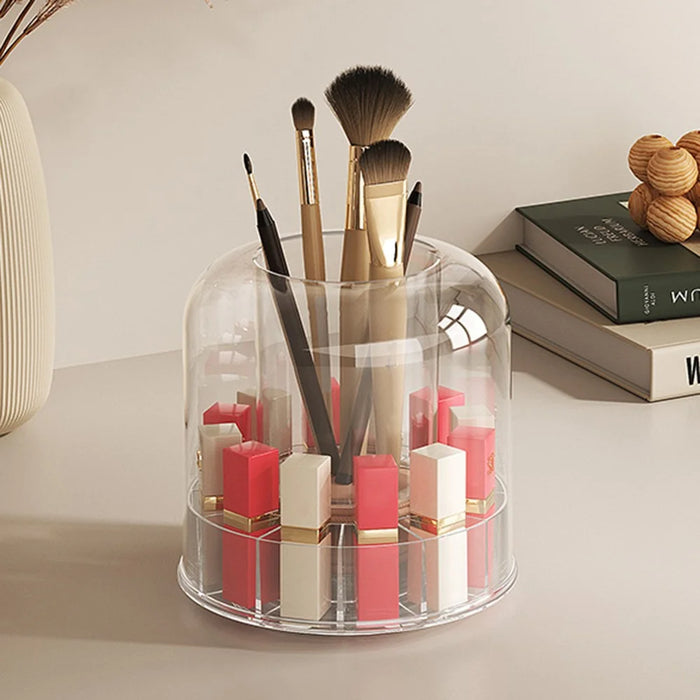 Rotating Makeup Organizer Brushes Lipsticks Cosmetics Clear PET Storage Container with Removable Base - Transparent - 1