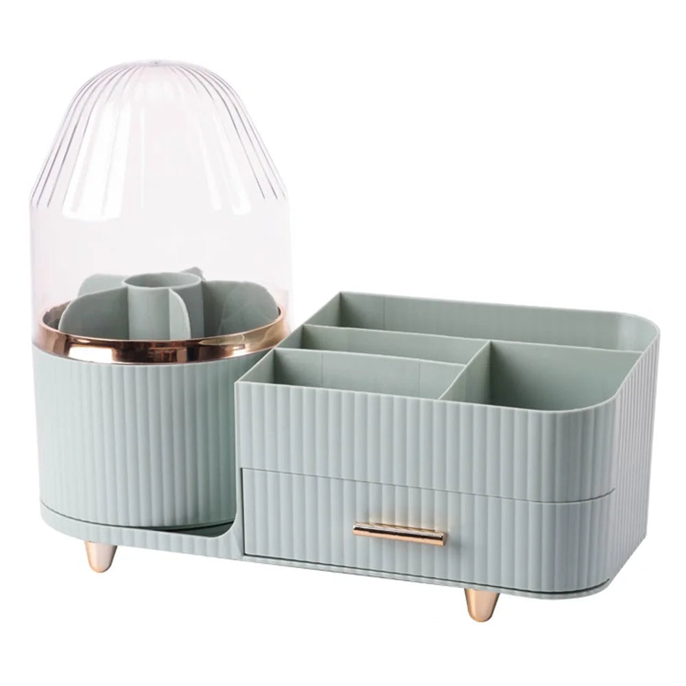 Rotating Makeup Organizer with Lid Cosmetics Brushes Lipsticks Skincare Storage Rack - Light Green - 1