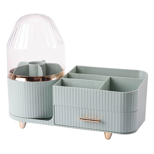 Rotating Makeup Organizer with Lid Cosmetics Brushes Lipsticks Skincare Storage Rack - Light Green - 1