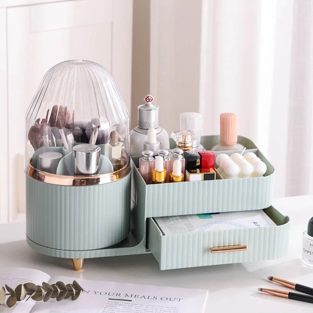 Rotating Makeup Organizer with Lid Cosmetics Brushes Lipsticks Skincare Storage Rack - Light Green - 2