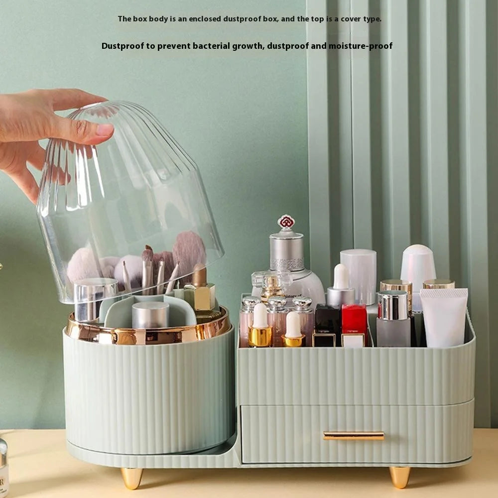 Rotating Makeup Organizer with Lid Cosmetics Brushes Lipsticks Skincare Storage Rack - Light Green - 3