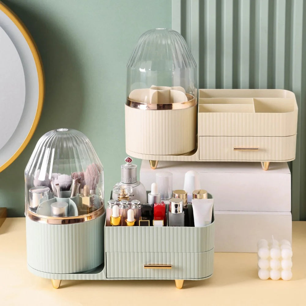 Rotating Makeup Organizer with Lid Cosmetics Brushes Lipsticks Skincare Storage Rack - Light Green - 4