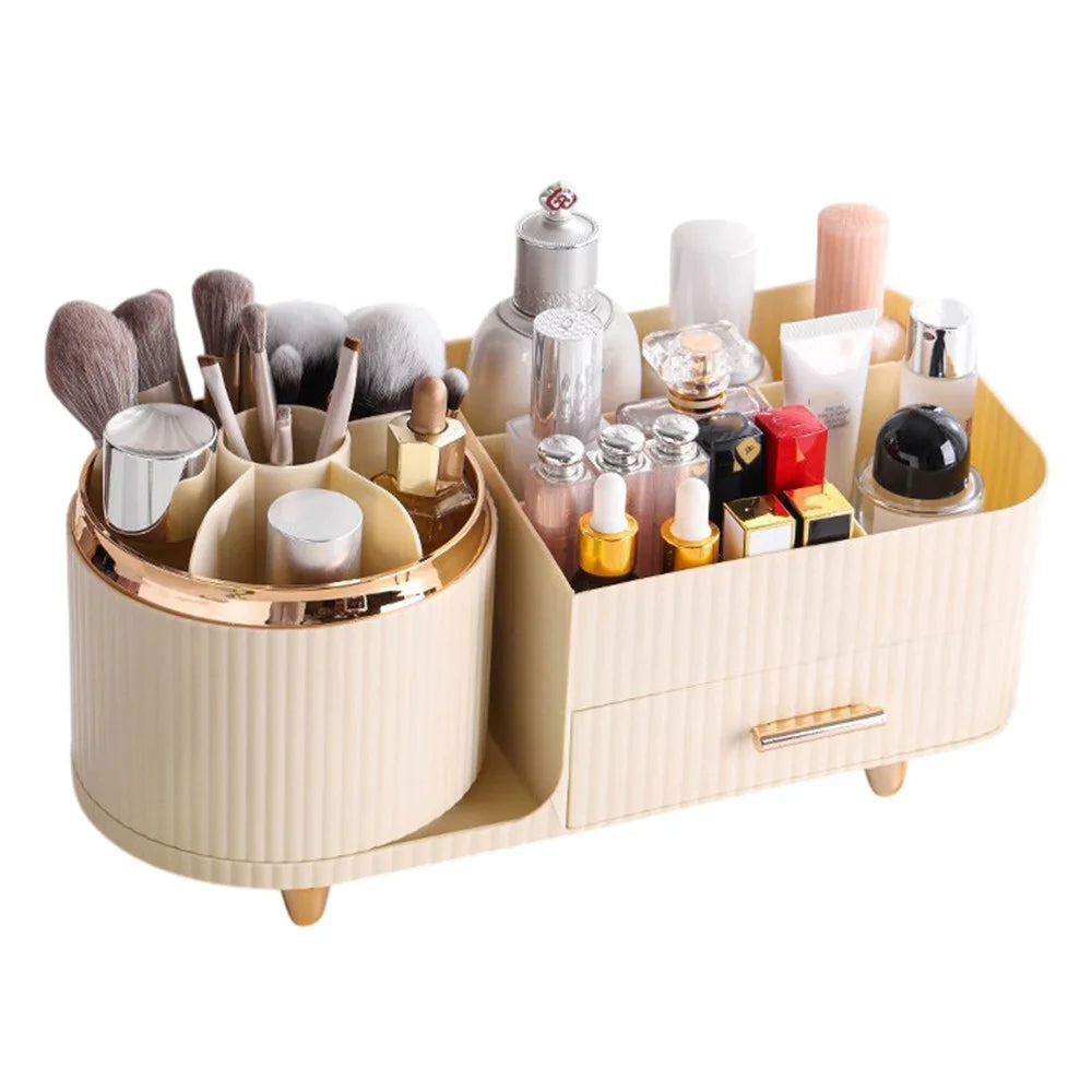 Rotating Makeup Organizer Cosmetics Brushes Lipsticks Skincare Desktop Storage Rack (No Lid) - Beige - 1