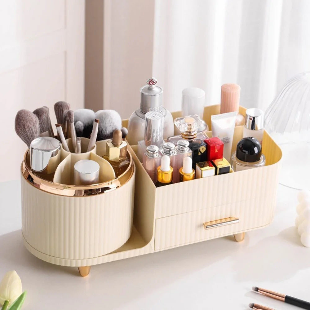 Rotating Makeup Organizer Cosmetics Brushes Lipsticks Skincare Desktop Storage Rack (No Lid) - Beige - 2