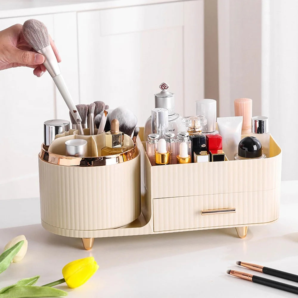 Rotating Makeup Organizer Cosmetics Brushes Lipsticks Skincare Desktop Storage Rack (No Lid) - Beige - 3