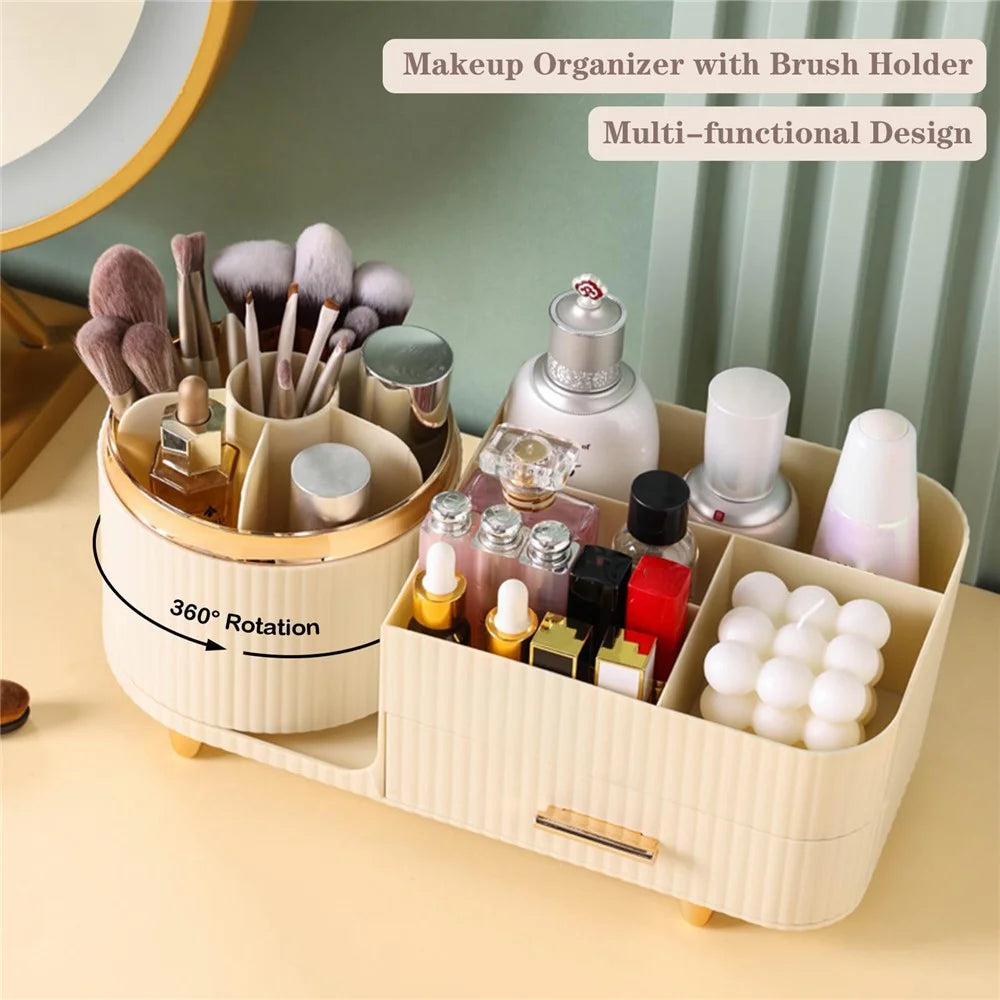 Rotating Makeup Organizer Cosmetics Brushes Lipsticks Skincare Desktop Storage Rack (No Lid) - Beige - 4