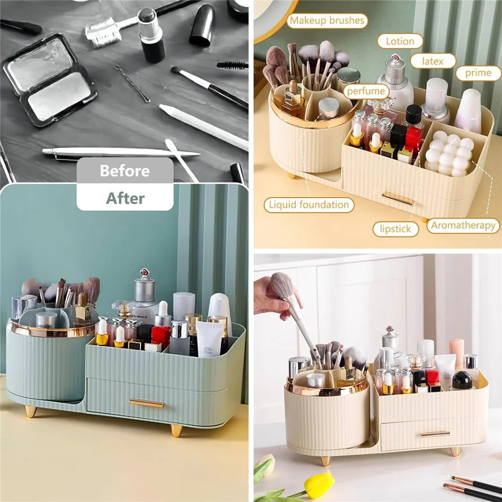 Rotating Makeup Organizer Cosmetics Brushes Lipsticks Skincare Desktop Storage Rack (No Lid) - Beige - 6