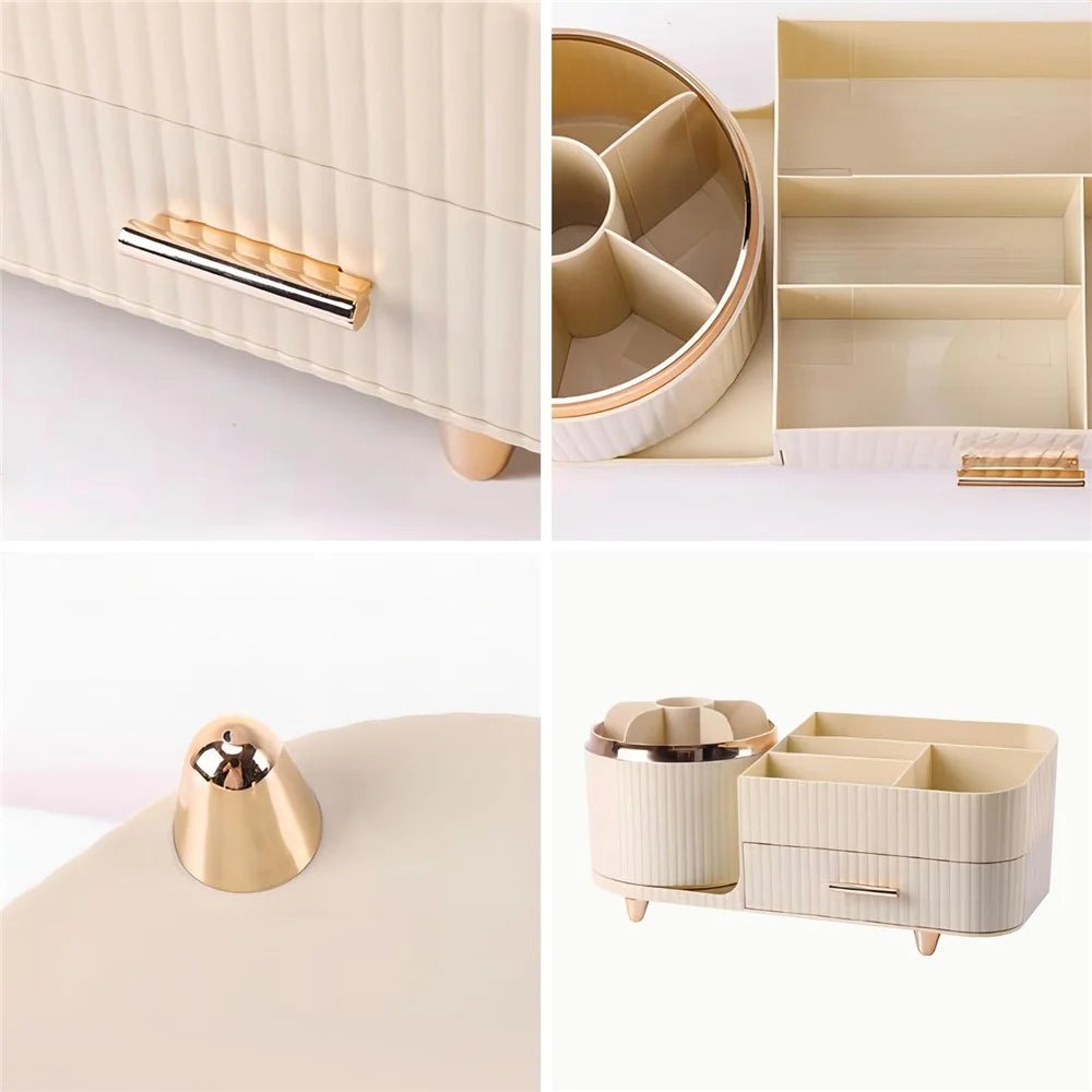 Rotating Makeup Organizer Cosmetics Brushes Lipsticks Skincare Desktop Storage Rack (No Lid) - Beige - 7