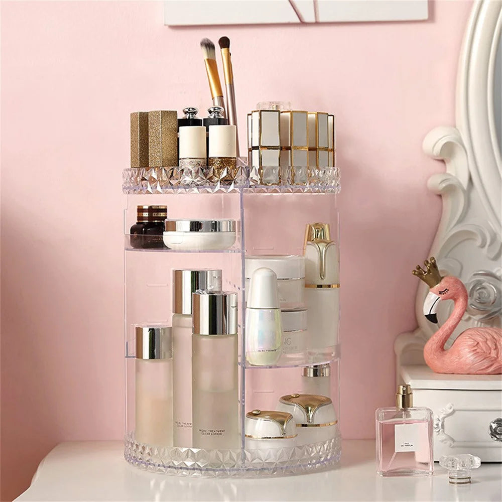 Round Diamond Texture Rotating Makeup Organizer Vanity Transparent PS Cosmetic Storage Rack - 1