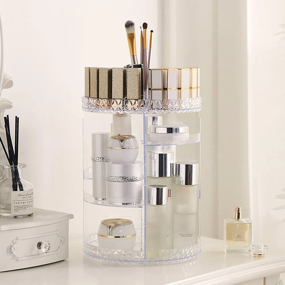 Round Diamond Texture Rotating Makeup Organizer Vanity Transparent PS Cosmetic Storage Rack - 3