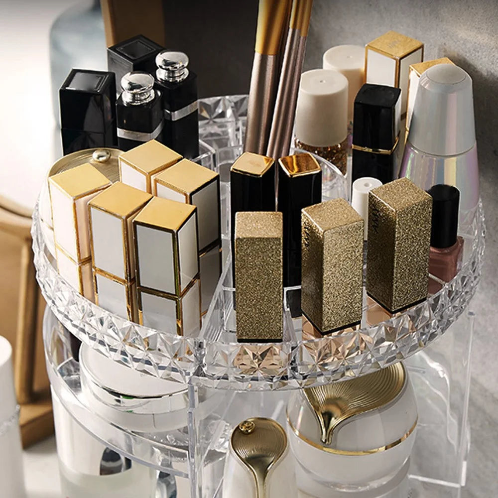 Round Diamond Texture Rotating Makeup Organizer Vanity Transparent PS Cosmetic Storage Rack - 4