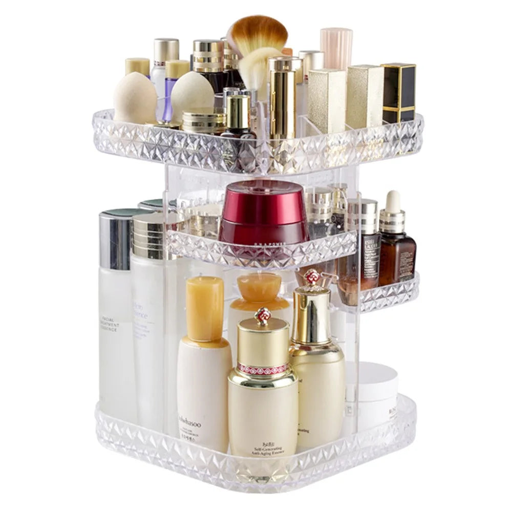 Square Diamond Texture Rotating Makeup Organizer Vanity Transparent PS Cosmetic Storage Rack - 1