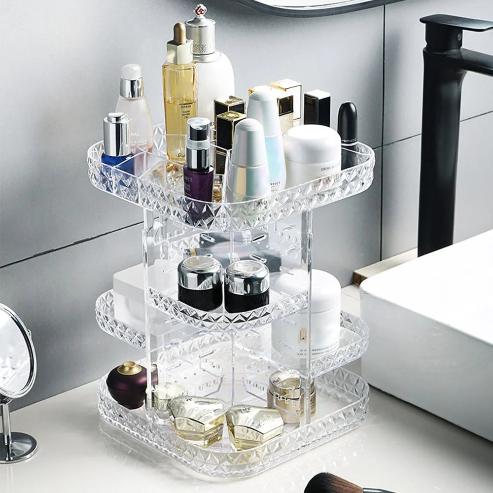 Square Diamond Texture Rotating Makeup Organizer Vanity Transparent PS Cosmetic Storage Rack - 2