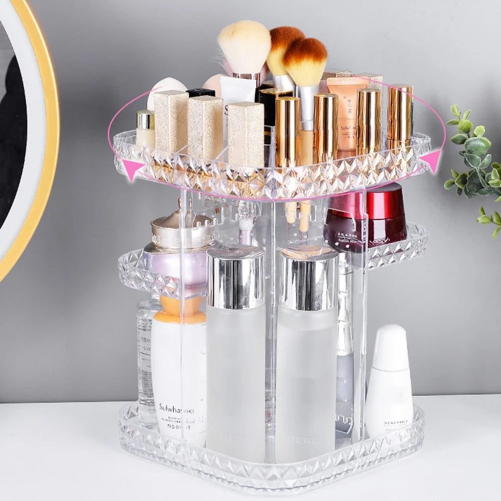 Square Diamond Texture Rotating Makeup Organizer Vanity Transparent PS Cosmetic Storage Rack - 3