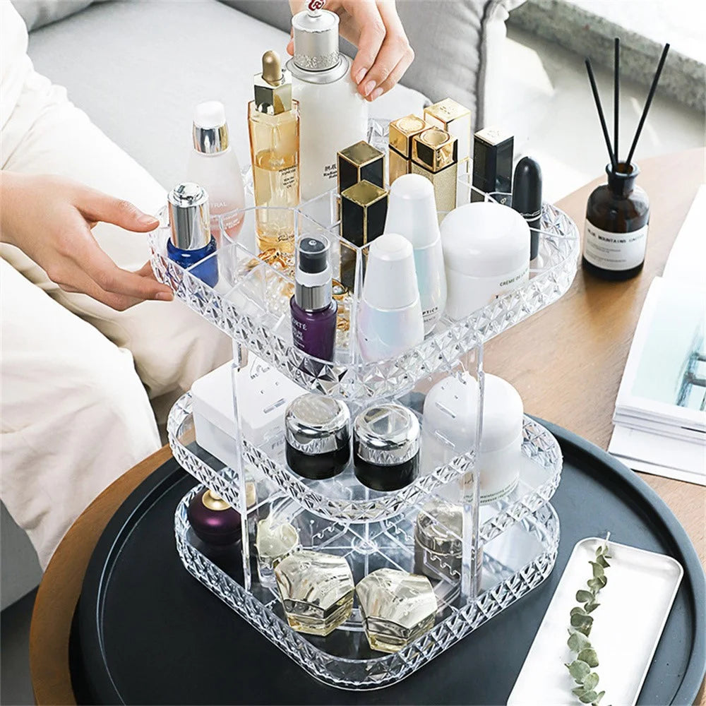 Square Diamond Texture Rotating Makeup Organizer Vanity Transparent PS Cosmetic Storage Rack - 4