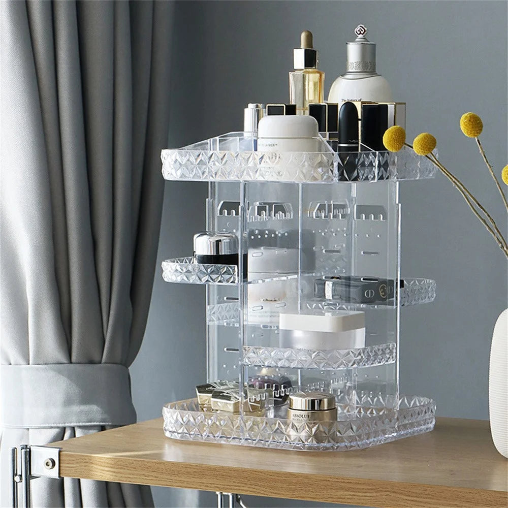 Square Diamond Texture Rotating Makeup Organizer Vanity Transparent PS Cosmetic Storage Rack - 5