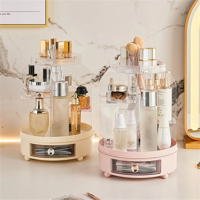 Makeup Organizer 360-Degree Rotating Desktop Storage Box Cosmetic Holder for Vanity Bedroom Lipstick Jewelry - Creamy Yellow - 2