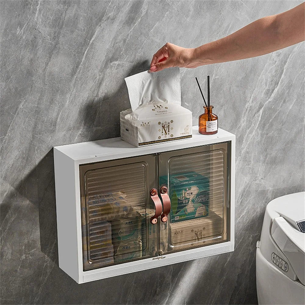 Bathroom Wall Mounted No Drilling PP Storage Cabinet Over Toilet Magnetic Door Anti-Splash Organizer - 2