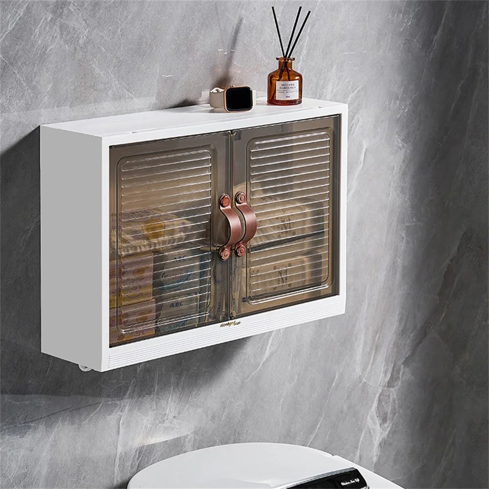 Bathroom Wall Mounted No Drilling PP Storage Cabinet Over Toilet Magnetic Door Anti-Splash Organizer - 7