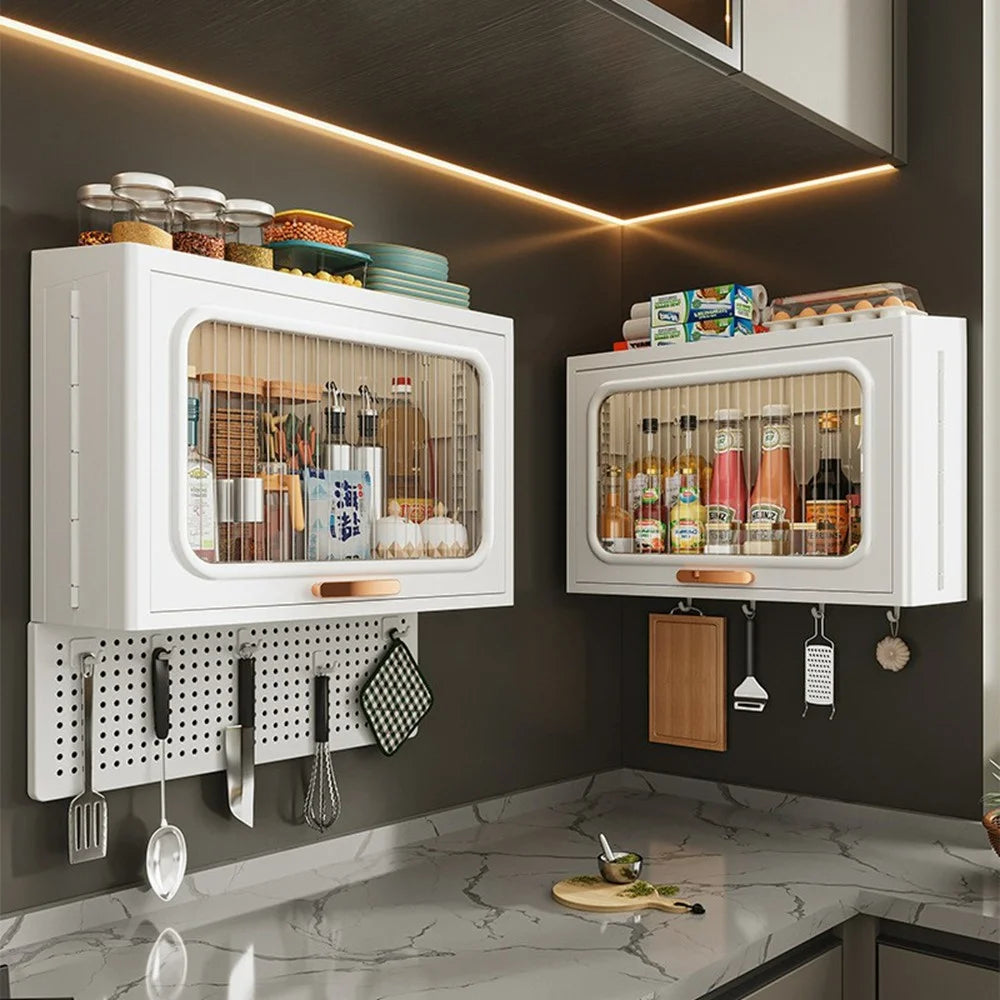 No Drilling Wall Mounted Kitchen Bathroom PP Organizer Spice Rack Storage Cabinet with Pegboard - 2