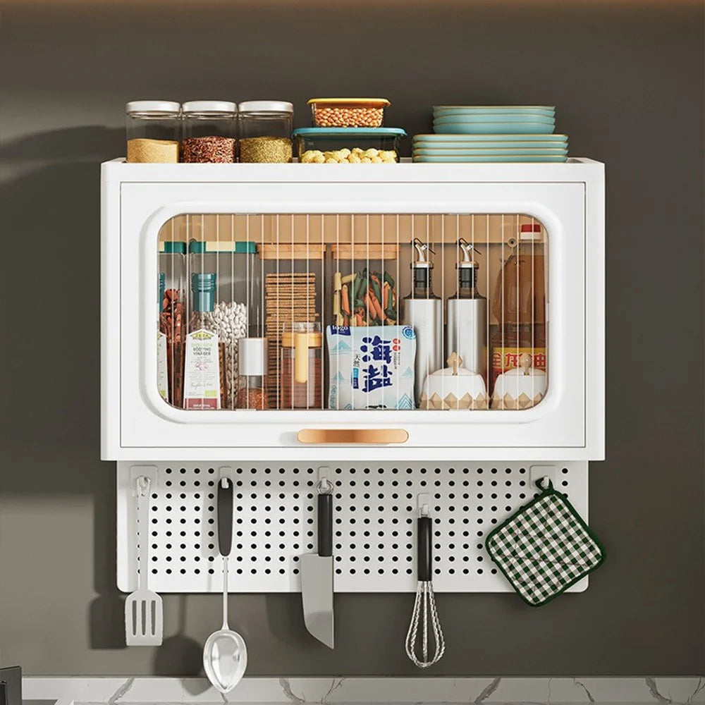 No Drilling Wall Mounted Kitchen Bathroom PP Organizer Spice Rack Storage Cabinet with Pegboard - 3