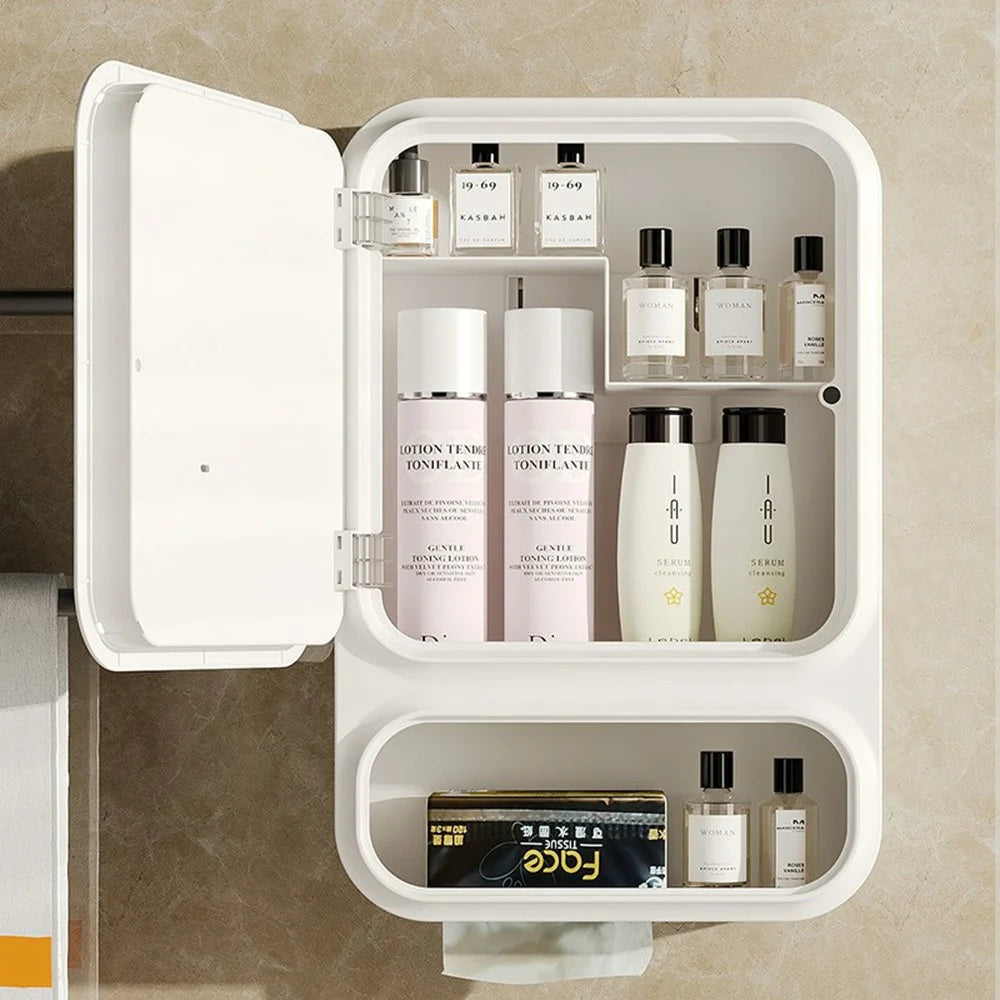 Bathroom Wall Mounted Storage Cabinet with Mirror without Light No Drill Multifunctional Cosmetic PP Organizer - White - 2