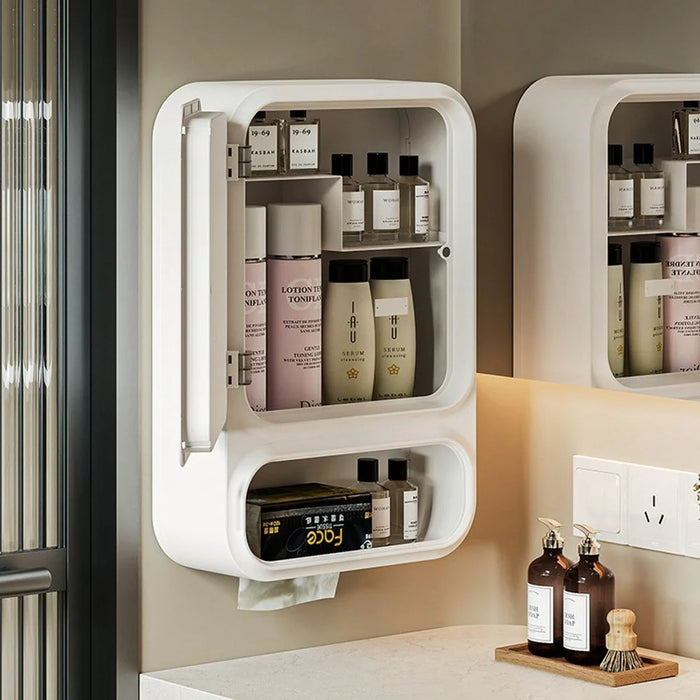 Bathroom Wall Mounted Storage Cabinet No Drill Cosmetic PP Organizer with Mirror and Light - White - 3