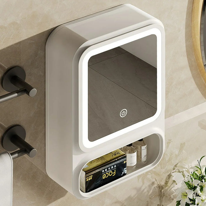 Bathroom Wall Mounted Storage Cabinet No Drill Cosmetic PP Organizer with Mirror and Light - White - 5