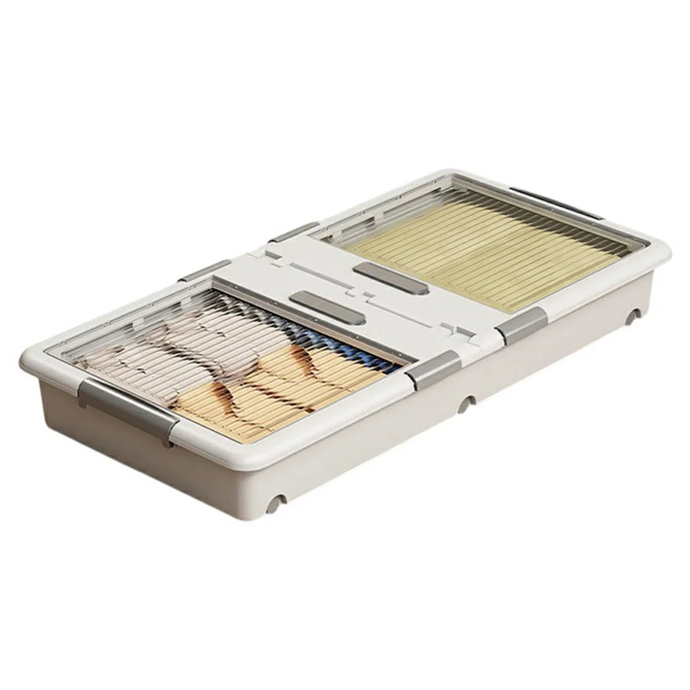 Under Bed Clothes Bedding PP Storage Box Foldable Double-Sided Lid Dustproof Organizer with Wheels, 100x50x13.5cm - White - 1